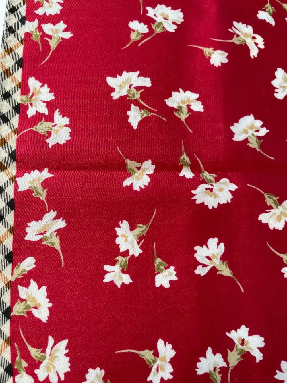 Vintage DAKS London Cotton Scarf Red Floral Check Border 19